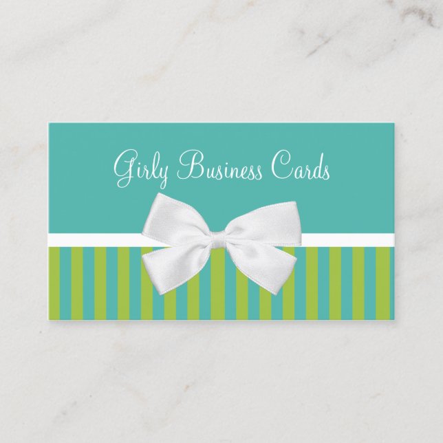 Chic Turquoise Lime Stripes White Bow Boutique Business Card (Front)