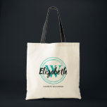 Chic Turquoise Monogram Initial Script Name Tote Bag<br><div class="desc">Simple tote bag is personalized with your first name over your first or last name initial surrounded by turquoise circles and your full name below. Ideal for yourself,  for your bridesmaids,  book club or birthday gifts. MORE colours in our store.</div>