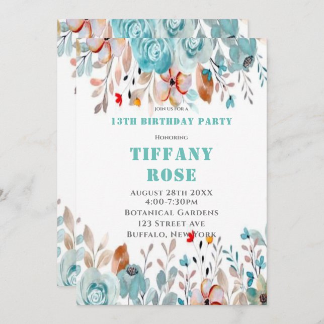 Chic Turquoise Peony 13e anniversaire Invitations  (Devant / Derrière)