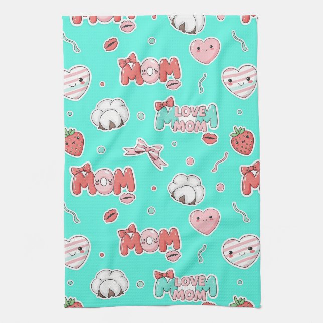Chic Turquoise Pop Art MOM Love Pattern Kitchen Towel (Vertical)