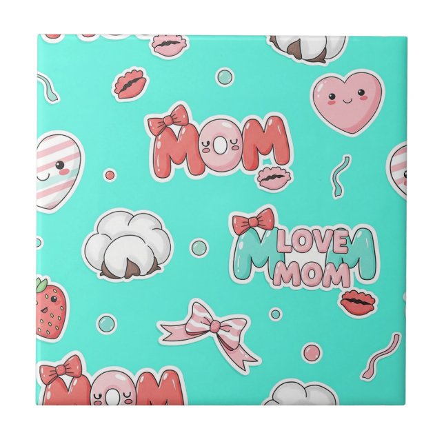 Chic Turquoise Pop Art MOM Love Pattern Tile (Front)