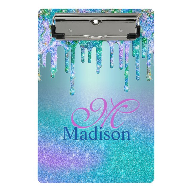 Chic turquoise purple ombre glitter drips monogram mini clipboard (Front)