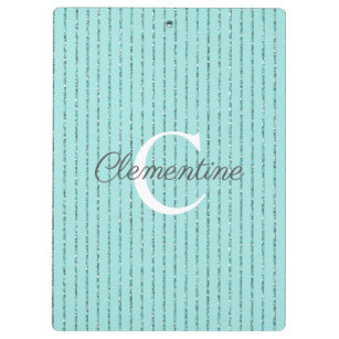Chic Turquoise Teal Blue Glitter Stripes Monogram Clipboard