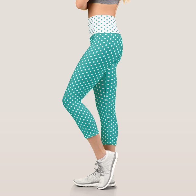Chic Turquoise Teal Polka Dots Pattern Fashion Capri Leggings (Left)