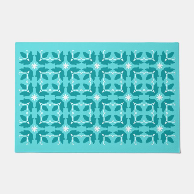 Chic Turquoise Tile Flowers Pattern Large Door Mat (Front)