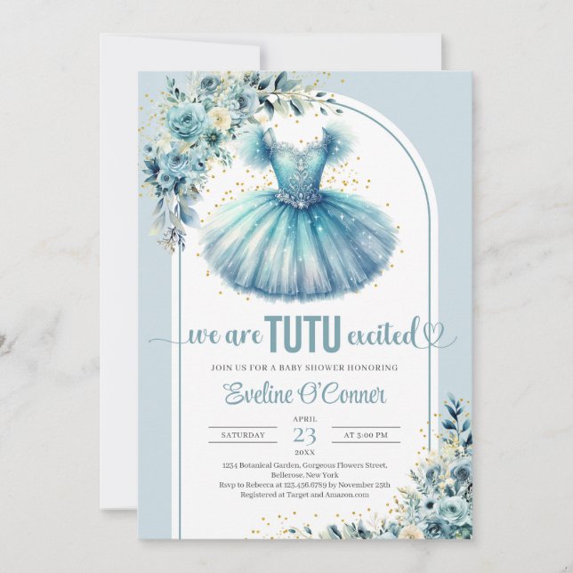 Chic turquoise tutu dress floral gold sparkles invitation (Front)
