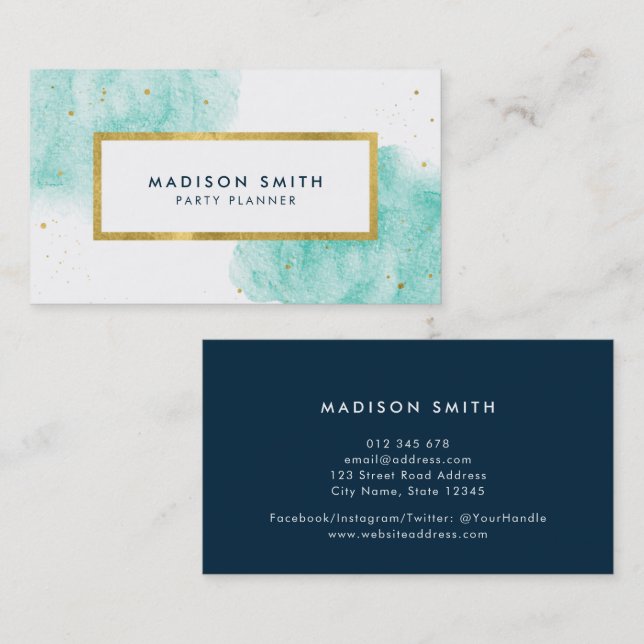 Chic Turquoise Watercolor Faux Gold Business Card (Front/Back)