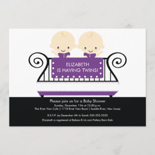 Chic Twins in Crib Baby Shower Invitation Purple