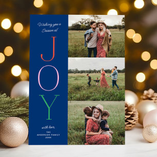 Chic Type Blue JOY Customizable Colours THREE Phot Holiday Card
