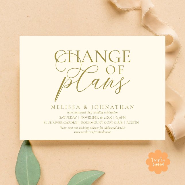 Chic Typographic Wedding Postpone Change of plans Invitation (Chic Typographic Wedding Postponement Change of plans Date Changed Invitation Card in Gold Cream)