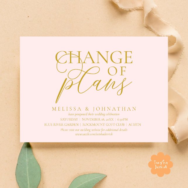 Chic Typographic Wedding Postpone Change of plans Invitation (Chic Typographic Wedding Postponement Change of plans Date Changed Invitation Card in Blush Gold)