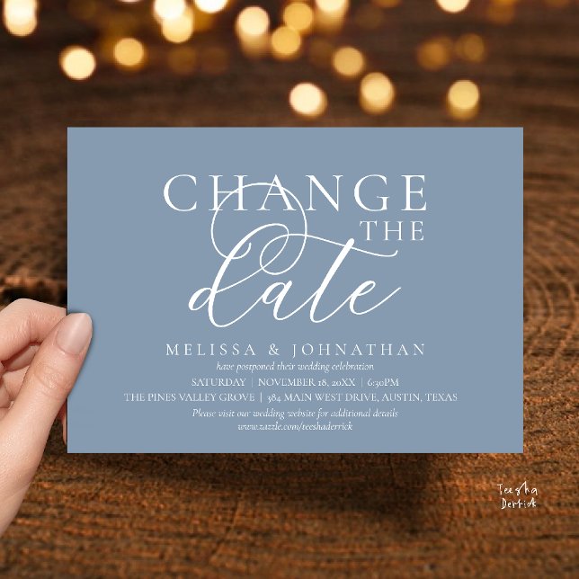 Chic Typographic Wedding Postpone Change the date Invitation (Chic Typographic Wedding Postpone Postponement Change the date Invitation card in dusty blue)
