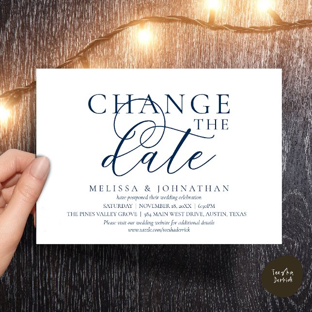 Chic Typographic Wedding Postpone Change the date Invitation (Chic Typographic Wedding Postpone Postponement Change the date Invitation card in navy blue)