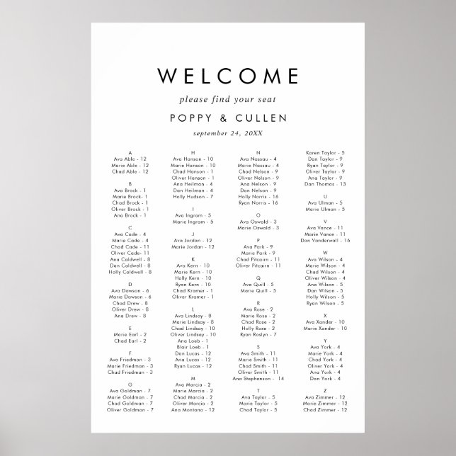 Chic Typography Alphabetical Seating Chart (Front)