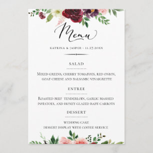 Chic Typography Burgundy Blush Floral Wedding Menu