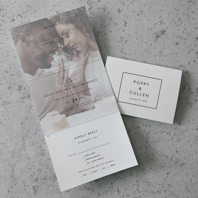 Chic Typography | Faded Photo Wedding Tri-Fold Invitation (Creator Uploaded)