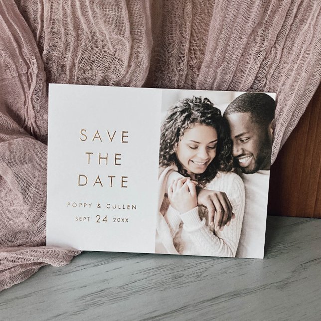 Chic Typography | Gold Foil Photo Save the Date Foil Invitation Postcard (Creator Uploaded)