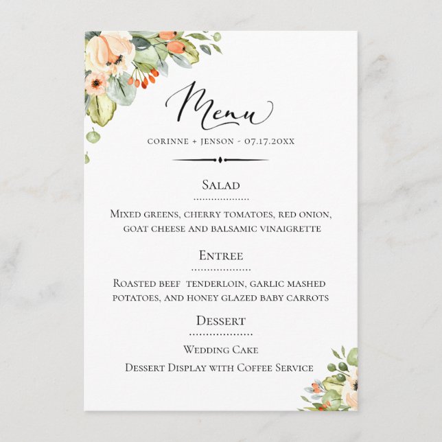 Chic Typography Peach Floral Wedding Menu (Front)