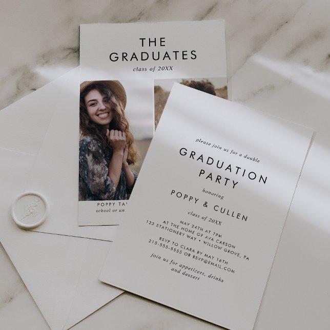 Chic Typography Photo Double Graduation Party Invitation (Creator Uploaded)