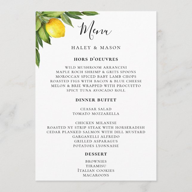 Chic Typography Rustic Watercolor Lemon Menu (Front)