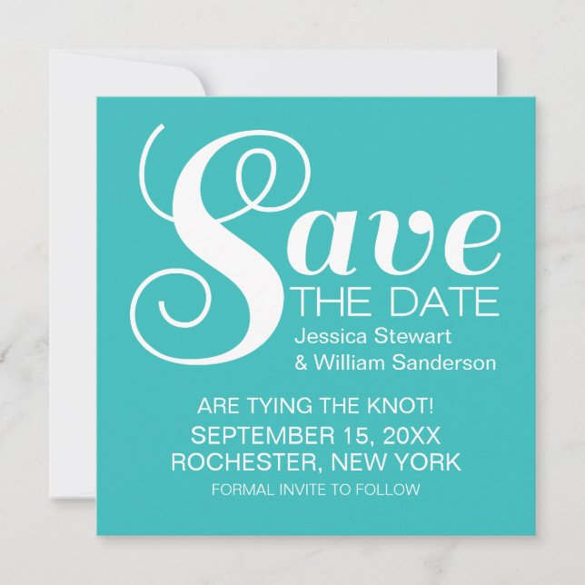 Chic Typography Save the Date Invite, Aqua (Front)