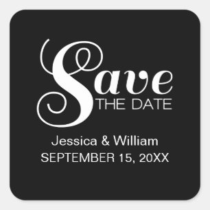 Chic Typography Save the Date Stickers, Black Square Sticker