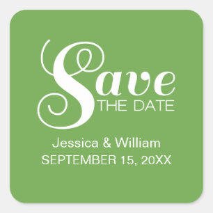 Chic Typography Save the Date Stickers, Green Square Sticker