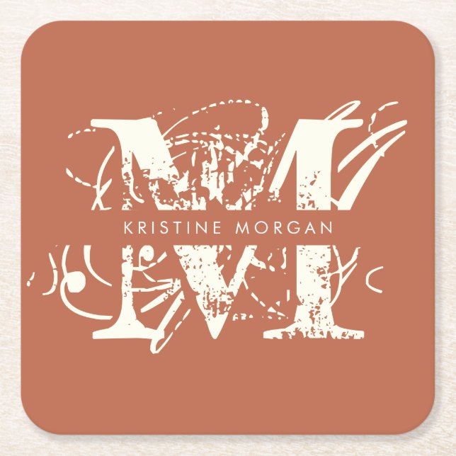 Chic typography terracotta monogram name square paper coaster (Front)