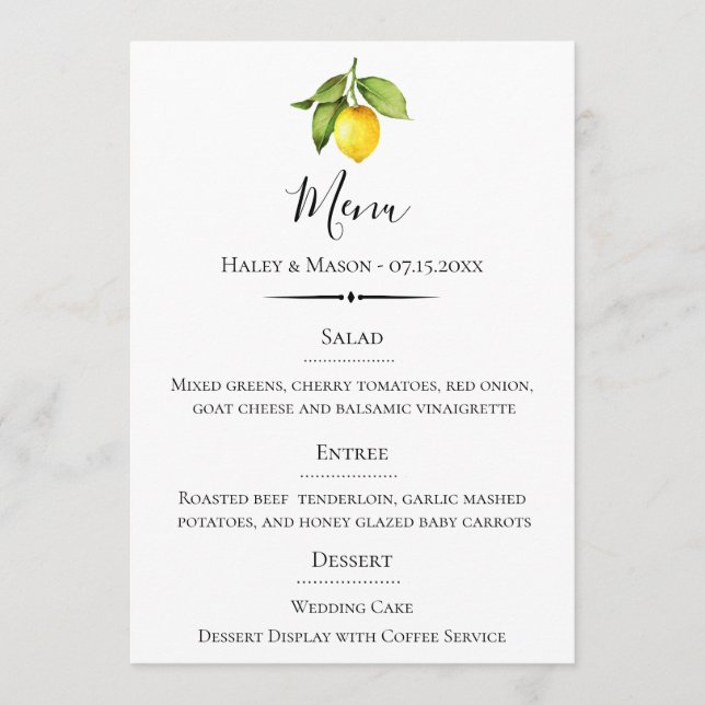 Chic Typography Watercolor Lemon Wedding Menu (Front)