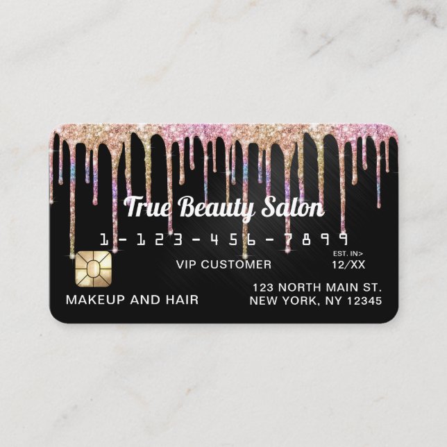 Chic Unicorn Black Metallic Glitter Drips Credit Business Card (Front)