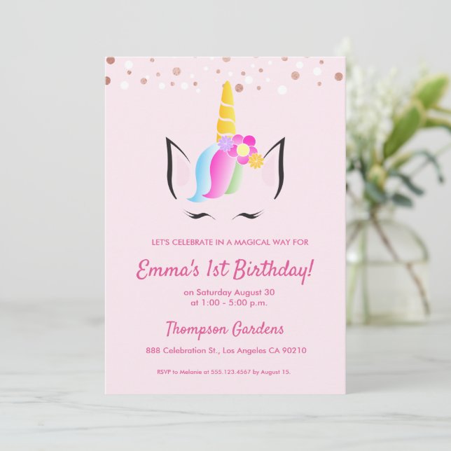 Chic Unicorn Confetti 1st birthday party   Invitation (Standing Front)