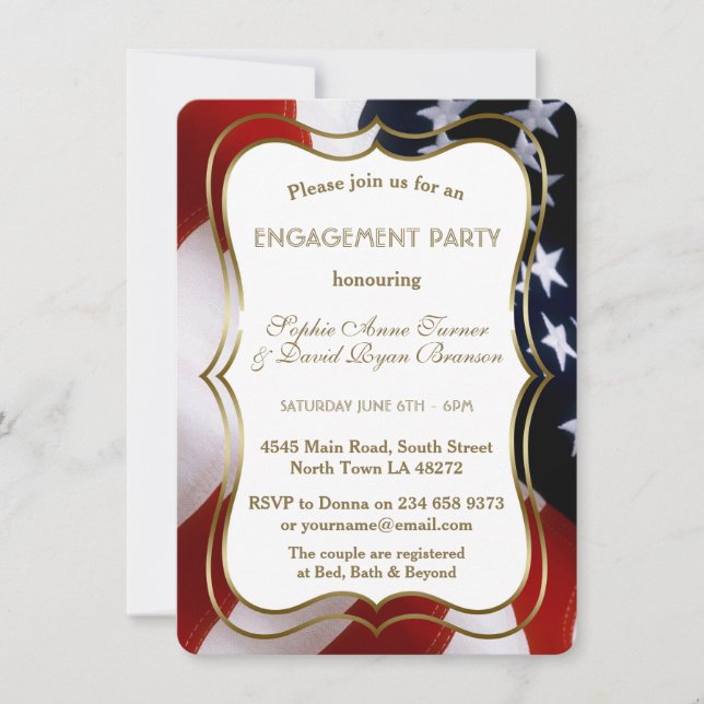 Chic USA Flag Gold Engagement Party Invite (Front)