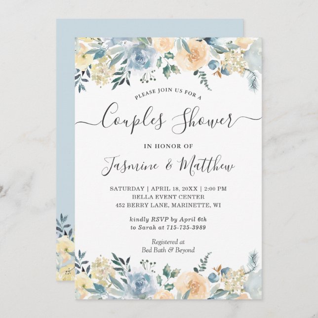 Chic Vanilla Blue Floral Wedding Couples Shower Invitation (Front/Back)