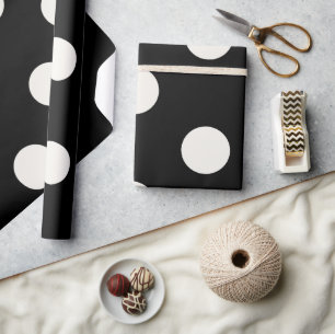 Chic Vanilla Polka Dots Pattern On Black Wedding Wrapping Paper