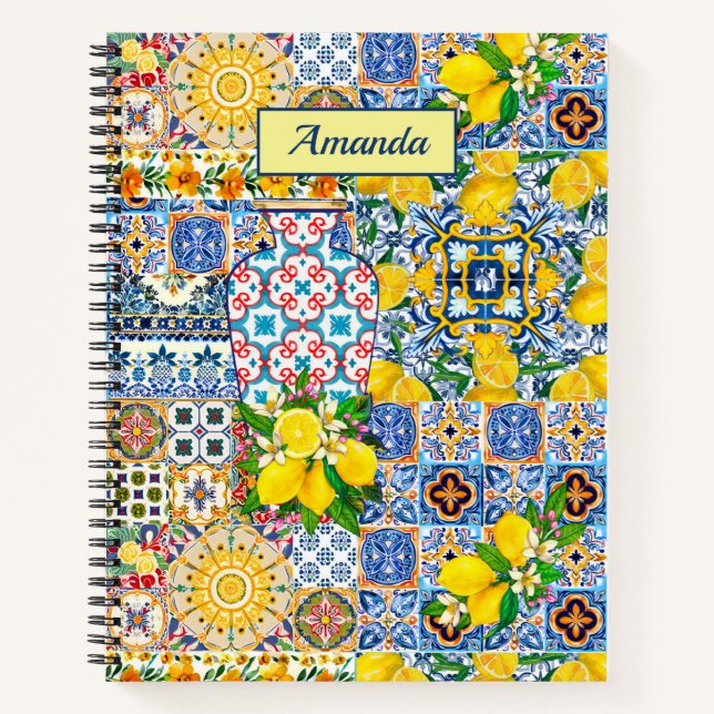 Chic Vase Mediterranean orange tiles monogram Notebook (Front)