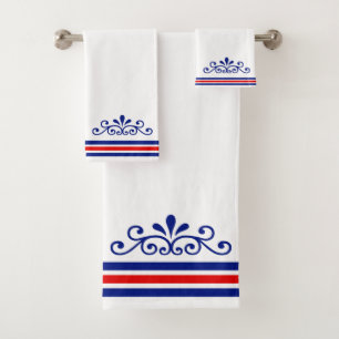 Chic Vector Ornament & Blue Red Stripes on White B Bath Towel Set