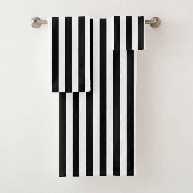 Chic Vertical Stripes Black And White Striped  Bath Towel Set (Insitu)