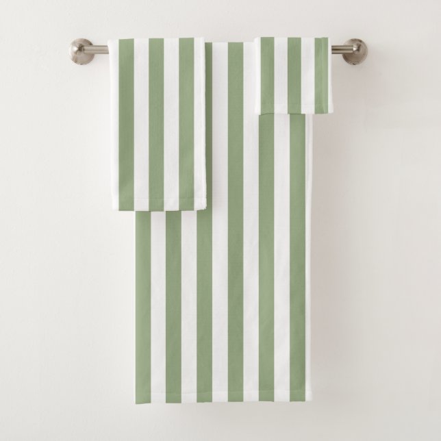 Chic Vertical Stripes Sage Green White Striped  Bath Towel Set (Insitu)