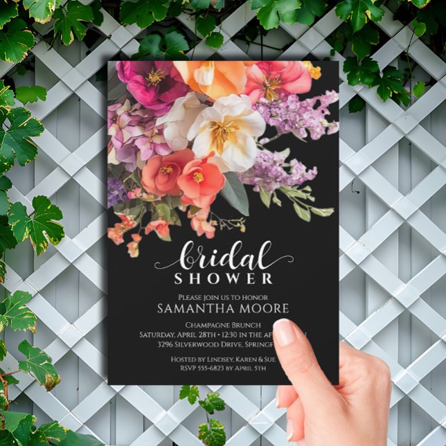 Chic Vibrant Floral Bridal Shower Invitation (Chic vibrant floral on black bridal shower invitations)