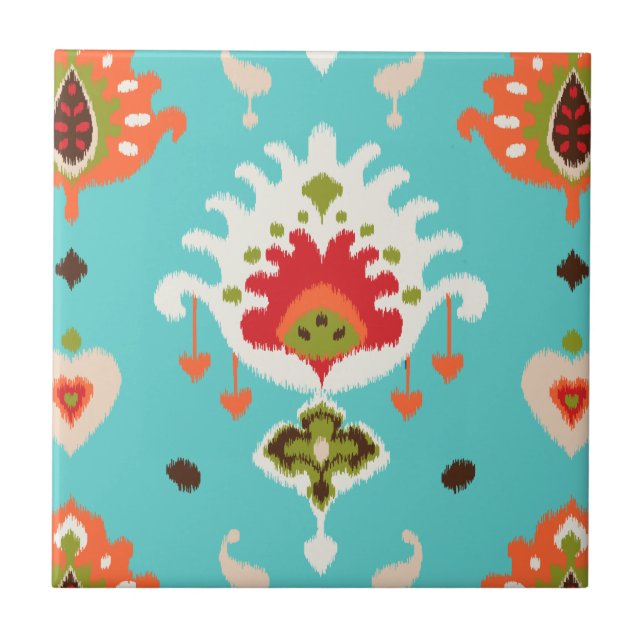 Chic vibrant turquoise  tribal ikat print tile (Front)
