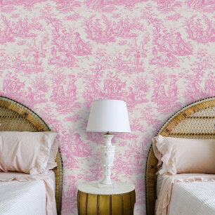 Chic vintage baby pink toile de jouy printed wallpaper
