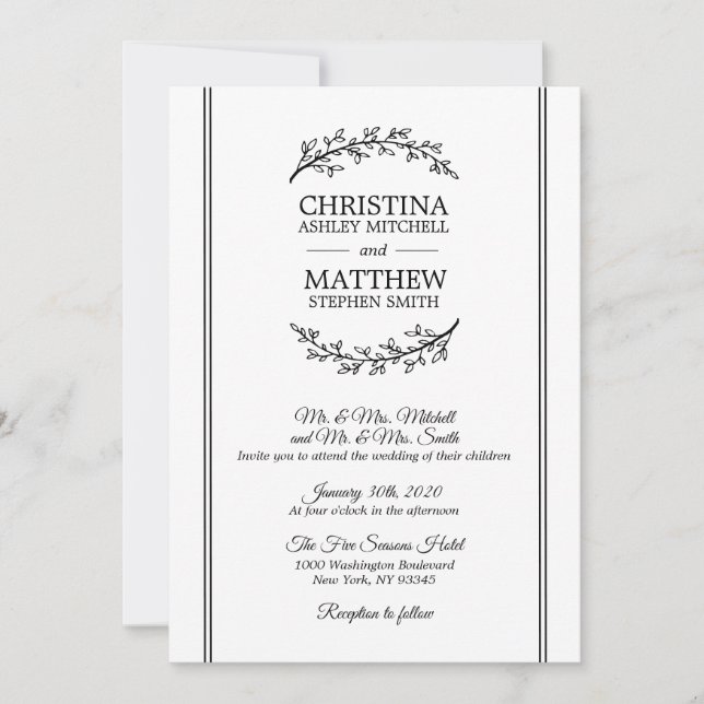 Chic Vintage Black White Laurel Wreath WEDDING Invitation (Front)
