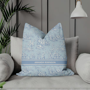 Chic vintage blue grey toile de jouy printed throw pillow