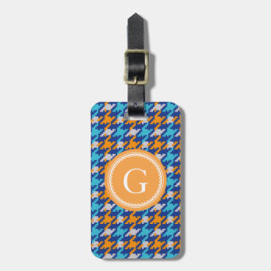Chic vintage blue houndstooth plaid monogram luggage tag