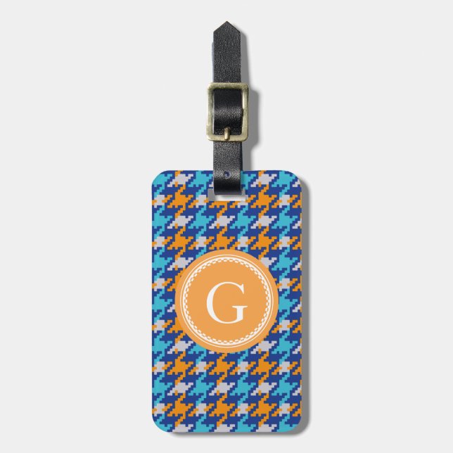 Chic vintage blue houndstooth plaid monogram luggage tag (Front Vertical)