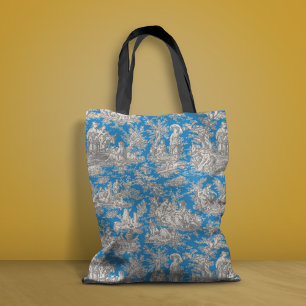 Chic vintage blue turquoise toile de jouy printed tote bag