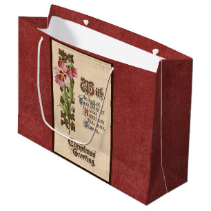 Chic Vintage Christmas Greeting On Antique Red Large Gift Bag