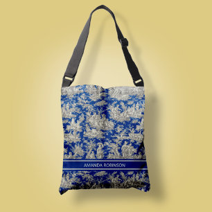Chic vintage dark blue toile de jouy printed crossbody bag