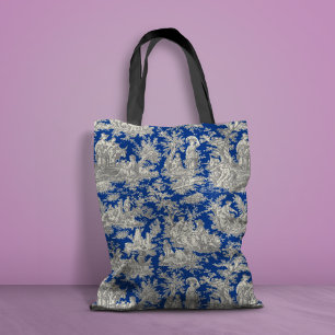 Chic vintage dark blue toile de jouy printed  tote bag