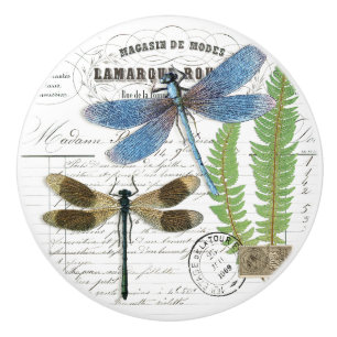 Chic Vintage Dragonfly & Fern French Script Knob